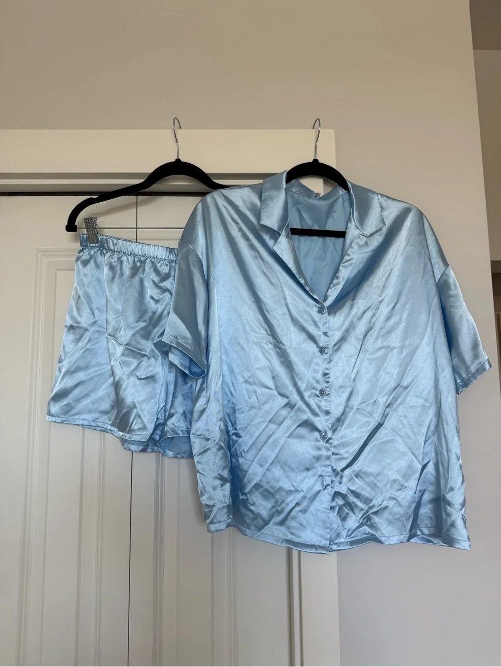 Amazon Women's Satin Short Sleeve Pajama Set in Light Blue